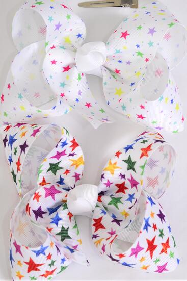 Hair Bow Jumbo Stars Mix Grosgrain Bow-tie / 12 pcs Bow = Dozen Alligator Clip , Size - 6" x 5" Wide , 6 Of Each Pattern Asst , Clip Strip & UPC Code
