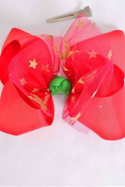 Hair Bow Jumbo Mesh Metallic Stars Red Grosgrain Bow-tie / 12 pcs Bow = Dozen Red , Alligator Clip , Size - 6" x 5" Wide , Clip Strip & UPC Code
