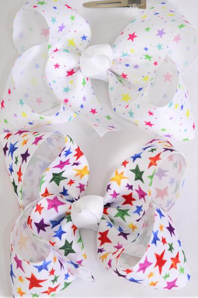 Hair Bow Jumbo Stars Mix Grosgrain Bow-tie / 12 pcs Bow = Dozen Alligator Clip , Size - 6" x 5" Wide , 6 Of Each Pattern Asst , Clip Strip & UPC Code