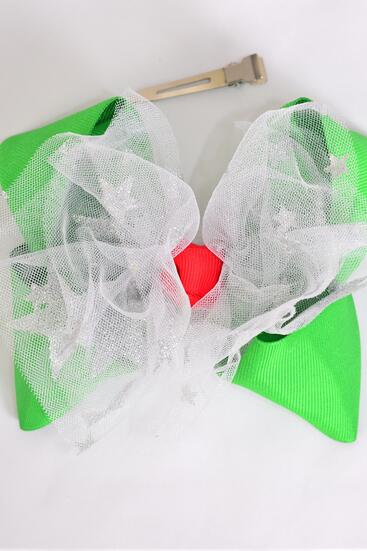 Hair Bow Jumbo Mesh Metallic Stars Green Grosgrain Bow-tie / 12 pcs Bow = Dozen Green , Alligator Clip , Size - 6" x 5" Wide , Clip Strip & UPC Code