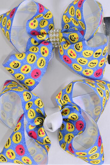 Hair Bow Emoji Smiley Face Grosgrain Bow-tie / 12 pcs Bow = Dozen Alligator Clip , Size - 6" x 5" Wide ,Clip Strip & UPC Code