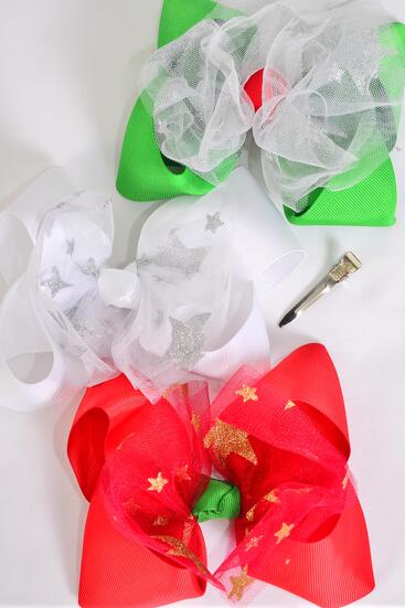 Hair Bow Jumbo Mesh Metallic Stars Red White Green color Mix Grosgrain Bow-tie / 12 pcs Bow = Dozen Alligator Clip , Size - 6" x 5" Wide , 4 of Pattern Color Asst , Clip Strip & UPC Code