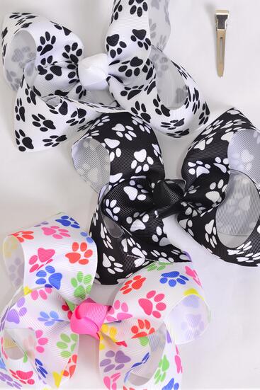 Hair Bow Jumbo Paw Print Grosgrain Bow-tie / 12 pcs Bow = Dozen Paw Print , lligator Clip , Bow - 6" x 5" Wide , 4 of each Pattern Asst , Clip Strip & UPC Code