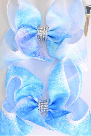 Hair Bow Jumbo Snowflake Grosgrain Bow-tie / 12 pcs Bow = Dozen  Snowflake , Alligator Clip , Size - 6" x 5" Wide , 6 Of each Pattern Asst , Clip Strip & UPC Code