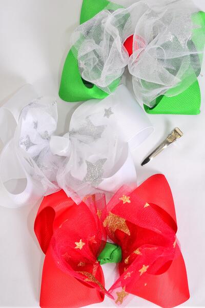 Hair Bow Jumbo Mesh Metallic Stars Red White Green color Mix Grosgrain Bow-tie / 12 pcs Bow = Dozen Alligator Clip , Size - 6" x 5" Wide , 4 of Pattern Color Asst , Clip Strip & UPC Code