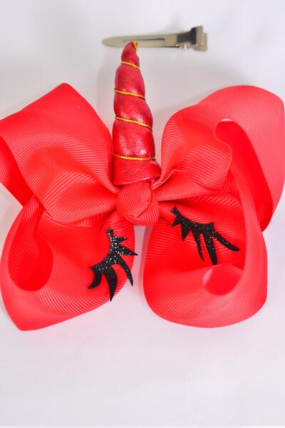 Hair Bow Jumbo Christmas Unicorn Metallic Grosgrain Bow-tie Red / 12 pcs Bow = Dozen Red , Bow Size - 6" x 5" , Alligator Clip , Clip Strip & UPC Code