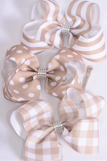 Hair Bow Jumbo Plaid Polka dots Stripe Mix Grosgrain Bow-tie Khaki Mix / 12 pcs Bow = Dozen Khaki , Alligator Clip , Bow - 6" x 5" Wide , 4 of each Pattern Asst , Clip Strip & UPC Code