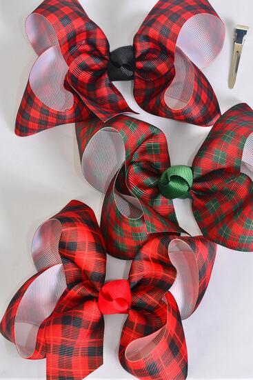 Hair Bow Jumbo Plaid Grosgrain Bow-tie / 12 pcs Bow = Dozen Alligator Clip , Size - 6" x 5" Wide , 4 of each Pattern Asst , Clip Strip and UPC Code