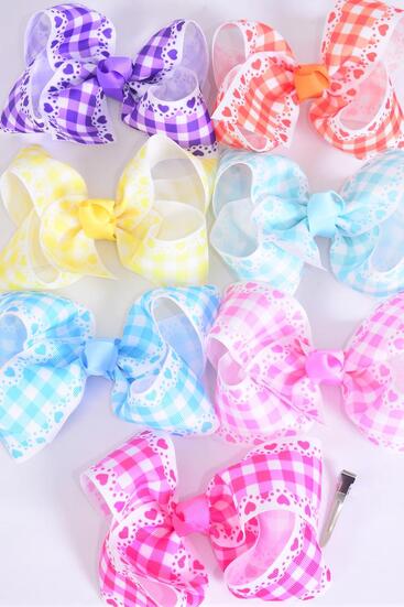 Hair Bow Jumbo Plaid Heart Pastel Grosgrain Bow-tie / 12 pcs Bow = Dozen  Alligator Clip , Size - 6" x 5", 2 Hot Pink , 2 Baby Pink , 2 Mint Green , 2 Purple , 2 Blue , 1 Yellow , 1 Orange Color Asst , Clip Strip & UPC Code