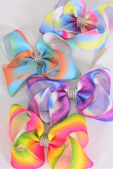 Hair Bow Jumbo Gradient Tiedye Grosgrain Bow-tie / 12 pcs Bow = Dozen  Alligator Clip , Size - 6" x 5" Wide , 3 Of Each Pattern Asst , Clip Strip and UPC Code