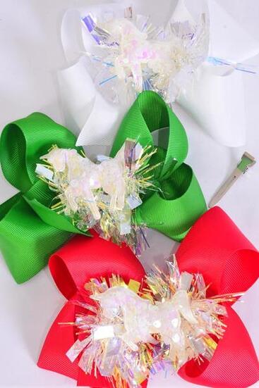 Hair Bow Jumbo Iridescent Center Unicorn Charm Grosgrain Bow-tie / 12 pcs Bow = Dozen  Unicorn , Alligator Clip , Bow - 6" x 5" Wide , 4 Red , White , 4 Green Color Asst , Clip Strip & UPC Code