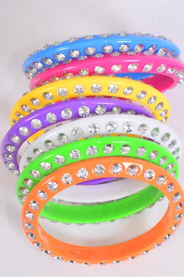 Bracelet Bangle Acrylic Clear Stones 2 Sides All Around Citrus / 12 pcs = Dozen Citrus , Size - 3" Dia Wide , 2 Purple , 2 Fuchsia , 2 Orange , 2 Lime , 2 Yellow , 1 Pink  , 1 Blue Color Asst , Hang Tag & Opp bag & UPC Code