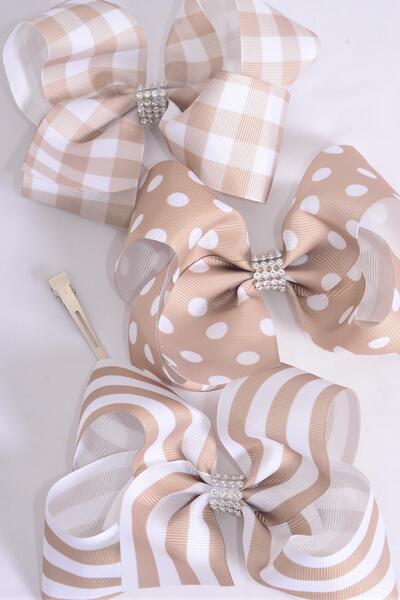 Hair Bow Jumbo Plaid Polka dots Stripe Mix Grosgrain Bow-tie Khaki Mix / 12 pcs Bow = Dozen Khaki , Alligator Clip , Bow - 6" x 5" Wide , 4 of each Pattern Asst , Clip Strip & UPC Code