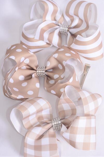 Hair Bow Jumbo Plaid Polka dots Stripe Mix Grosgrain Bow-tie Khaki Mix / 12 pcs Bow = Dozen Khaki , Alligator Clip , Bow - 6" x 5" Wide , 4 of each Pattern Asst , Clip Strip & UPC Code