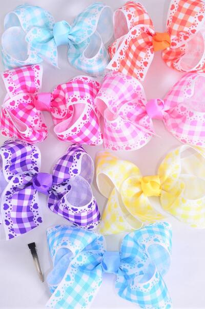 Hair Bow Jumbo Plaid Heart Pastel Grosgrain Bow-tie / 12 pcs Bow = Dozen  Alligator Clip , Size - 6" x 5", 2 Hot Pink , 2 Baby Pink , 2 Mint Green , 2 Purple , 2 Blue , 1 Yellow , 1 Orange Color Asst , Clip Strip & UPC Code