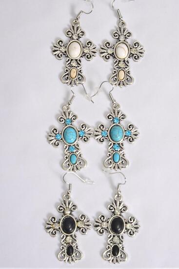 Earrings Metal Antique Cross Semiprecious Stone / 12 pair = Dozen match 75025 Fish Hook , Size - 1.75" x 1.25" Wide , 4 Black , 4 Ivory , 4 Turquoise Asst , Earring Card & OPP Bag & UPC Code