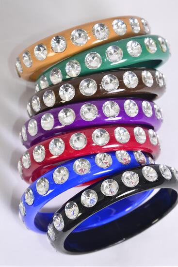 Bracelet Bangle Acrylic Clear Stones All Around Dark Multi / 12 pcs = Dozen  Dark Multi , Size - 2.75" x 0.5" Dia Wide , 2 Black , 2 Brown , 2 Burgundy , 2 Green , 2 Purple , 1 Royal Blue , 1 Khak Color Asst , Hang tag & OP-