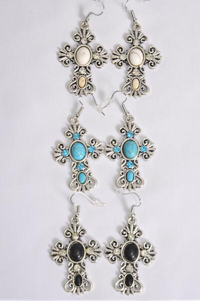 Earrings Metal Antique Cross Semiprecious Stone / 12 pair = Dozen match 75025 Fish Hook , Size - 1.75" x 1.25" Wide , 4 Black , 4 Ivory , 4 Turquoise Asst , Earring Card & OPP Bag & UPC Code