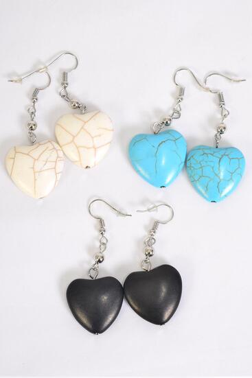 Earrings Heart Semiprecious Stone / 12 pair = Dozen Match 25666 Fish Hook , Size - 1.25" x 1" Wide , 4 Black, 4 Ivory , 4 Turquoise Asst , Earring Card & OPP Bag & UPC Code