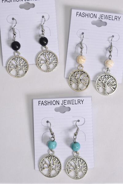 Earrings Tree of life Semiprecious Stone / 12 pair = Dozen Fish Hook , Size - 1.75" x 0.75" Wide , 4 Black , 4 Ivory , 4 Turquoise Asst , Earring Card & OPP Bag & UPC Code 