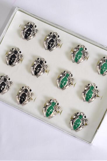 Rings Frog Enamel Antique/ 12 pcs = Dozen Adjustable , Size - 1" x 0.75", 6 Black  , 6 Green Color Mix , 1 Dozen Display Box , OPP Bag & UPC Code