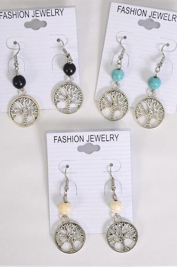 Earrings Tree of life Semiprecious Stone / 12 pair = Dozen Fish Hook , Size - 1.75" x 0.75" Wide , 4 Black , 4 Ivory , 4 Turquoise Asst , Earring Card & OPP Bag & UPC Code 