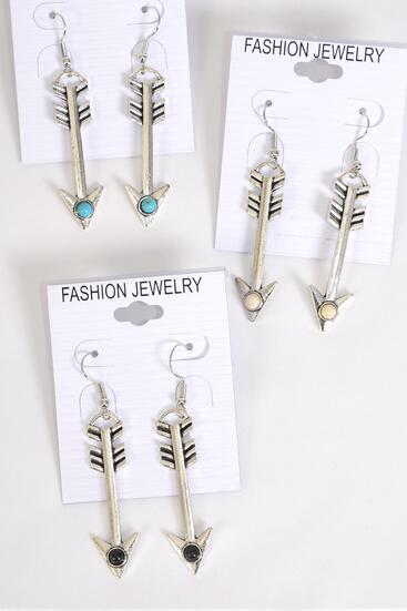 Earrings Metal Antique Arrow Semiprecious Stone / 12 pair = Dozen  Fish Hook , Size - 1.75" Long , 4 Black , 4 Ivory , 4 Turquoise Asst , Earring Card & OPP Bag & UPC Code
