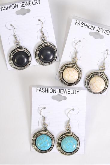 Earrings Metal Antique Real Semiprecious Stone / 12 pair = Dozen Fish Hook , Size - 1" Wide , 4 Black , 4 Ivory , 4 Turquoise Asst , Earring Card & OPP Bag & UPC Code 