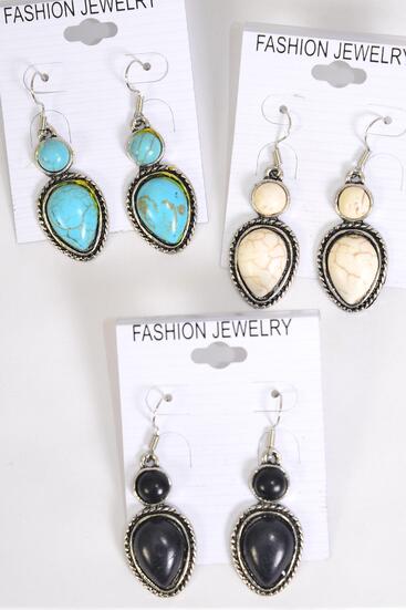 Earrings Metal Antique Teardrop Western Like Semiprecious Stone / 12 pair = Dozen  Fish Hook , Size - 1.25" x  0.75" Wide , 4 Black , 4 Ivory , 4 Turquoise Asst , Earring Card & OPP Bag & UPC Code 
