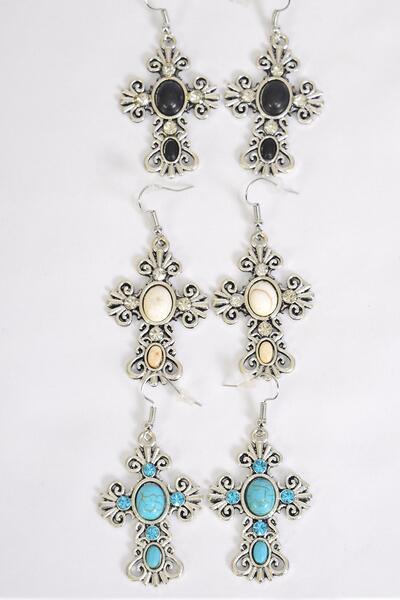 Earrings Metal Antique Cross Semiprecious Stone / 12 pair = Dozen match 75025 Fish Hook , Size - 1.75" x 1.25" Wide , 4 Black , 4 Ivory , 4 Turquoise Asst , Earring Card & OPP Bag & UPC Code