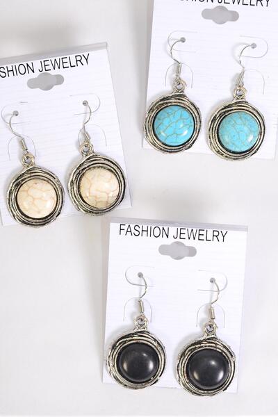 Earrings Metal Antique Real Semiprecious Stone / 12 pair = Dozen Fish Hook , Size - 1" Wide , 4 Black , 4 Ivory , 4 Turquoise Asst , Earring Card & OPP Bag & UPC Code 