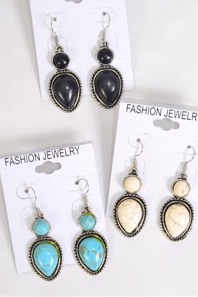 Earrings Metal Antique Teardrop Western Like Semiprecious Stone / 12 pair = Dozen  Fish Hook , Size - 1.25" x  0.75" Wide , 4 Black , 4 Ivory , 4 Turquoise Asst , Earring Card & OPP Bag & UPC Code 