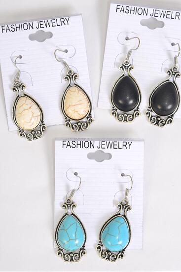 Earrings Metal Antique Teardrop Dangle Semiprecious Stone / 12 pair = Dozen  Fish Hook , Size - 1.25" x 0.75" Wide , 4 Black , 4 Ivory , 4 Turquoise Color Asst , Earring Card & OPP Bag & UPC Code 