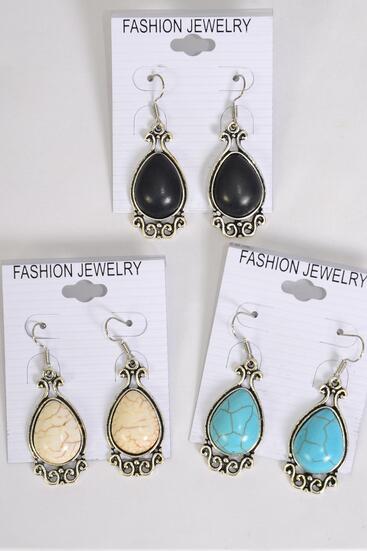 Earrings Metal Antique Teardrop Dangle Semiprecious Stone / 12 pair = Dozen  match 70078 Fish Hook , Size - 1.5" x 0.75" Wide , 4 Black , 4 Ivory , 4 Turquoise Color Asst , Earring Card & OPP Bag & UPC Code 
