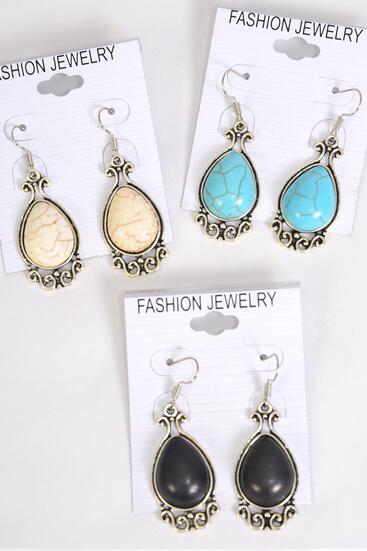 Earrings Metal Antique Teardrop Dangle Semiprecious Stone / 12 pair = Dozen  match 70078 Fish Hook , Size - 1.5" x 0.75" Wide , 4 Black , 4 Ivory , 4 Turquoise Color Asst , Earring Card & OPP Bag & UPC Code 