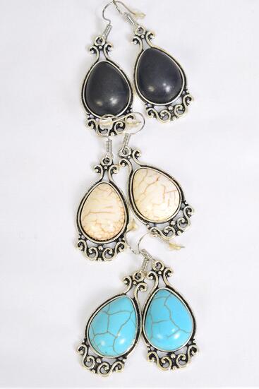 Earrings Metal Antique Teardrop Dangle Semiprecious Stone / 12 pair = Dozen  Fish Hook , Size - 1.25" x 1" Wide , 4 Black , 4 Ivory , 4 Turquoise Color Asst , Earring Card & OPP Bag & UPC Code 