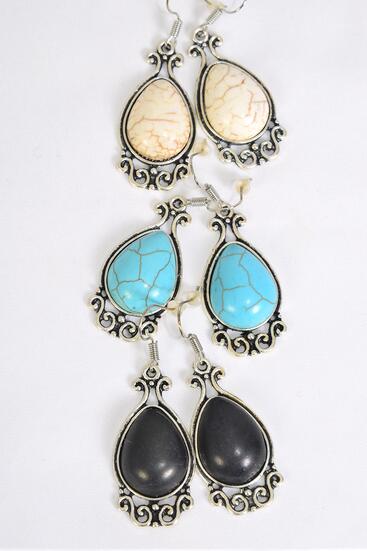Earrings Metal Antique Teardrop Dangle Semiprecious Stone / 12 pair = Dozen  Fish Hook , Size - 1.25" x 1" Wide , 4 Black , 4 Ivory , 4 Turquoise Color Asst , Earring Card & OPP Bag & UPC Code 