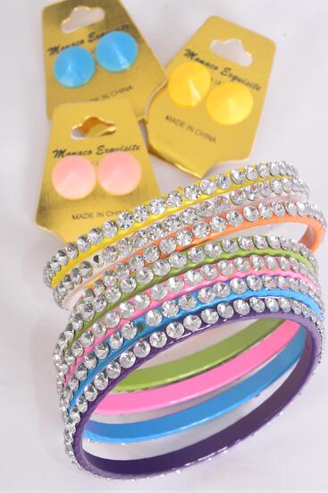 Bracelet and Earring Sets Bangle Metal Color Pastel Clear Stones All Around / 12 pcs = Dozen Size - 2.75" Wide , 2 Lime , 2 Orange , 2 Pink , 2 Blue , 2 Yellow , 1 White , 1 Purple Color Asst , Hang Tag & OPP Bag & UPC Code