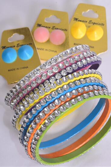Bracelet Earring Sets Bangle Metal Color Clear Stones All Around Pastel / 12 pcs = Dozen Size - 2.75" Wide , 2 Lime , 2 Orange , 2 Pink , 2 Blue , 2 Yellow , 1 White , 1 Purple Color Asst , Hang Tag & OPP Bag & UPC Code