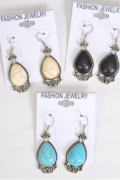 Earrings Metal Antique Teardrop Dangle Semiprecious Stone / 12 pair = Dozen  Fish Hook , Size - 1.25" x 0.75" Wide , 4 Black , 4 Ivory , 4 Turquoise Color Asst , Earring Card & OPP Bag & UPC Code 