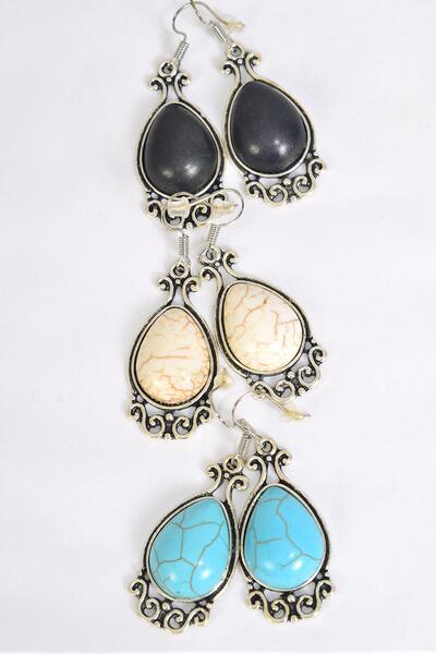 Earrings Metal Antique Teardrop Dangle Semiprecious Stone / 12 pair = Dozen  Fish Hook , Size - 1.25" x 1" Wide , 4 Black , 4 Ivory , 4 Turquoise Color Asst , Earring Card & OPP Bag & UPC Code 