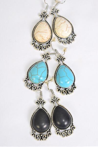 Earrings Metal Antique Teardrop Dangle Semiprecious Stone / 12 pair = Dozen  Fish Hook , Size - 1.25" x 1" Wide , 4 Black , 4 Ivory , 4 Turquoise Color Asst , Earring Card & OPP Bag & UPC Code 