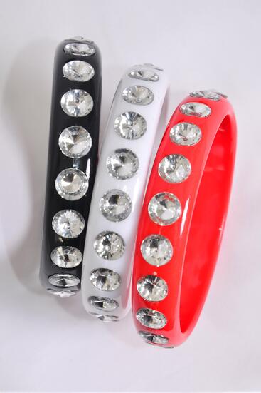 Bracelet Bangle Acrylic Clear Stones All Around Red White Black Mix / 12 pcs = Dozen  Size - 2.75" x 0.5" Dia Wide , 4 Red , 4 White , 4 Black Color Mix , Hang Tag & OPP Bag & UPC Code