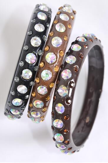 Bracelet Bangle Acrylic Stones All Around Brown Color Mix /12 pcs = Dozen Size - 2.75" Dia Wide , 4 Black , 4 Dark Brown , 4 Light Brown Color Asst , Hang Tag & OPP Bag & UPC Code