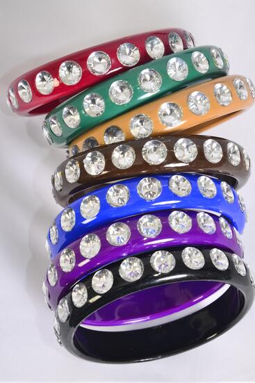 Bracelet Bangle Acrylic Clear Stones All Around Dark Multi / 12 pcs = Dozen  Dark Multi , Size - 2.75" x 0.5" Dia Wide , 2 Black , 2 Brown , 2 Burgundy , 2 Green , 2 Purple , 1 Royal Blue , 1 Khak Color Asst , Hang tag & OP-