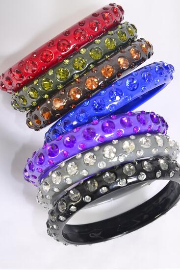 Bracelet Bangle Acrylic Stones All Around Dark Multi / 12 pcs = Dozen  Dark Multi , Size - 2.75" Dia Wide , 2 Black , 2 Brown , 2 Olive , 2 Royal Blue , 2 Burgundy , 1 Purple , 1 Gray Color Asst , Display Card & OPP bag