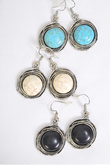 Earrings Metal Antique Real Semiprecious Stone / 12 pair = Dozen Fish Hook , Size - 1" Wide , 4 Black , 4 Ivory , 4 Turquoise Color Asst , Earring Card & OPP Bag & UPC Code 