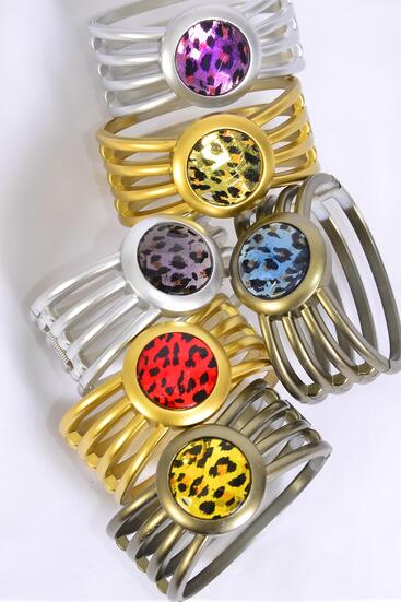 Bracelet Bangle Hinge Round Leopard Print Multi / 12 pcs = Dozen Leopard , Size - 2.75" x 1.25" Wide , 2 of each Color Asst , Hang Tag & OPP Bag & UPC Code