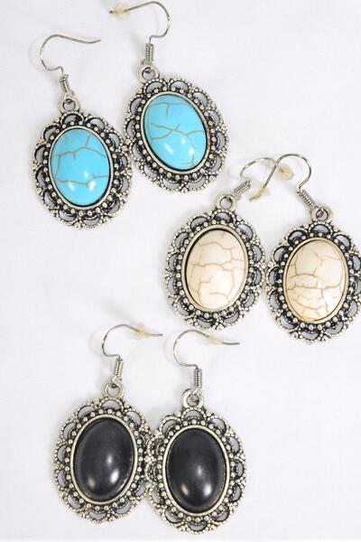 Earrings Metal Antique Oval Dangle Semiprecious Stone / 12 pair = Dozen Fish Hook , Size - 1.25" x 1" Wide , 4 Black , 4 Ivory , 4 Turquoise Color Asst , Earring Card & OPP Bag & UPC Code -
