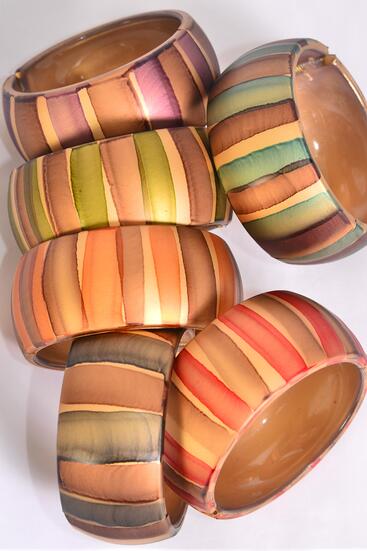 Bracelet Bangle Acrylic Hinge Fall Stripes Multi / 12 pcs = Dozen Hinge , Size - 2.75" x 1.25" Dia Wide , 2 of each Pattern Asst , Hang Tag & Opp Bag & UPC Code 